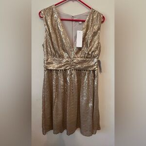 EVA MENDES Gold Sequin Fit & Flare Lined Cocktail Wedding Party Dress Size Large